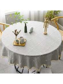 1pc Taupe Round Fringed Tablecloth, Rustic Linen Dust-Proof, Wrinkle-Resistant, Fade-Resistant Tablecloth For Kitchen, Dining Room, Holiday Party Dinner Table Cover