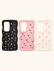 Black White Pink Bowknot Fashion Phone Cases 3pcs Dopamine Themed Wavy Edge Bowknot Pattern Phone Cases Compatible With IPhone & Galaxy Phones Spring Gift - Multicolor - View 38