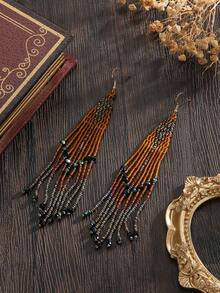 2 piezas Pendientes de borla con cuentas bohemios hechos a mano, estilo vintage, con patrón geométrico de diamante de color oscuro, con borlas oscilantes, decorados con cristales artificiales, accesorios elegantes y de moda adecuados para mujeres, vacaciones, fiestas, uso diario casual, gran idea de regalo