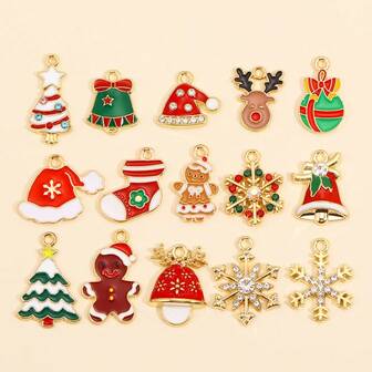 Set de 15 piezas de encantos navideños, colgantes de gota de aceite de dibujos animados, copos de nieve, árbol de Navidad y hombre de jengibre, para hacer collares, pulseras y aretes de joyería DIY
