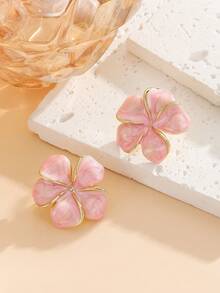 1 Pair Fashion New Style Enamel Flower Shape Stud Earrings Jewelry Gift For Women Girls - Pink - View 3