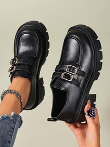 Chaussures de robe classiques confortables pour l'uniforme scolaire avec bride à la cheville, plateforme, talon épais et boucle décorative, style Y2K Goth Lolita, pour femmes - Veste croisée noire mate - Voir 3