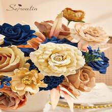 Artificial Khaki Brown & Blue Flowers, Silk Fake Flowers For DIY Wedding Bouquets Cake Flower,Table Centerpieces  Birthday Party Home Decorations - 款式16 - 查看 5
