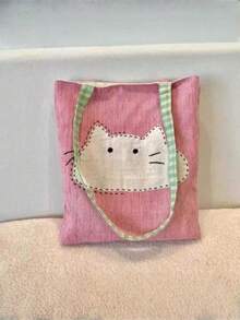 1 PIEZA Nuevo bolso de mano estilo retro rosa para mujer - Diseño lindo de gato de dibujos animados y rayas, cierre con cremallera, uso diario y para ir al trabajo, bolso versátil, estética juguetona, accesorio elegante, adultos, bolso ligero, bolso minimalista, construcción resistente, bolso de mujer, moda femenina