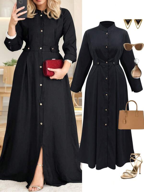 Plus Size Women's Elegant Long Sleeve Dress, Stylish Solid Color Button Design, Suitable For Commute, Business, Festivals, Autumn/Winter