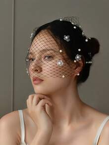 Handmade Pearl Flower Bridal Veil, Black Bird Cage Wedding Headpiece, Elegant Women Hair Accessory Suitable For Party, Banquet, Photography And Other Occasions