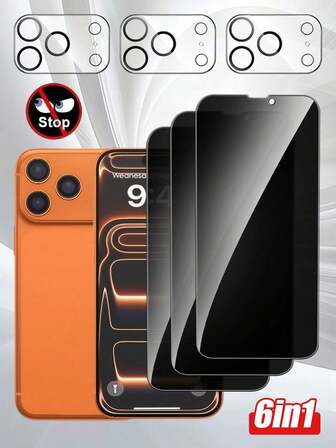 6pcs Set, Compatible With Apple Models: 3pcs Anti-Spy Tempered Glass Screen Protectors + 3pcs 3D Camera Lens Protectors, 1:1 High Definition, Anti-Scratch, Shatterproof, Durable, Suitable For IPhone X/XR/11/12/13/14/15/16/16 Pro/16 Plus/16 Pro Max/16e/17/17 Air/17 Pro/17 Pro Max Full Series