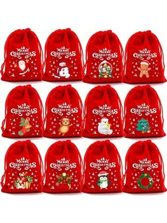 Set de 10 bolsas de embalaje con diseño de manzana de paz navideña, 12 bolsas de regalo con tema navideño, decoraciones de ventana navideñas, decoraciones de árbol de Navidad, decoraciones de fondo de habitación, regalos para dar en Navidad y el Festival de la Paz, compatibles con regalos de Apple, bolsas de regalo reutilizables con cordón de terciopelo con diseños aleatorios de Papá Noel y renos