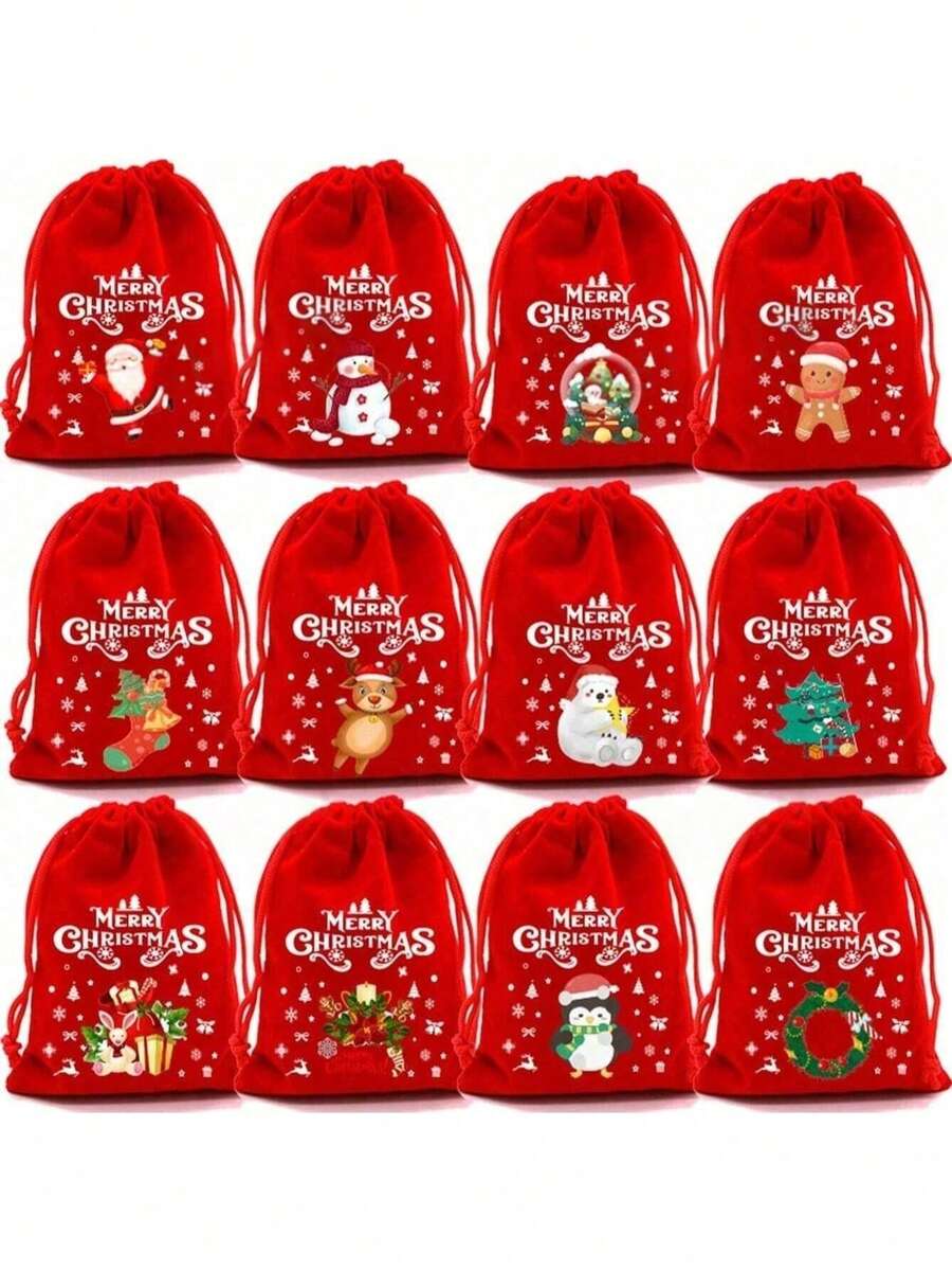 10pcs/Set Random Christmas Christmas Peace Apple Packaging Bags, 12 Christmas Theme Pattern Gift Bags, Christmas Window Decorations, Christmas Tree Decorations, Room Background Decorations, Gift Giving Gifts Christmas And Peace Festival, Compatible With Apple Gifts, Santa Claus Elk Velvet Drawstring Reusable Gift Bags (Random Patterns)