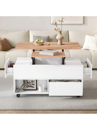 100*50*52cm Couchtisch Mit Rollen, Multifunktionaler Wohnzimmertisch Schubladen, Anhebbarer Kaffeetish, Höhenverstellbar Sofatisch, Beistelltisch Und Esstisch Stauraum, Weiss Holzfarbe view 2