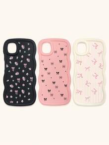 Black White Pink Bowknot Fashion Phone Cases 3pcs Dopamine Themed Wavy Edge Bowknot Pattern Phone Cases Compatible With IPhone & Galaxy Phones Spring Gift - Multicolor - View 13