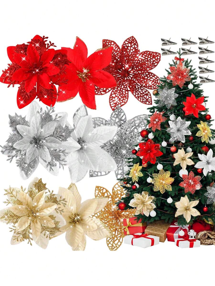 3/6/12/18/24 buc flori artificiale de Crăciun cu clipsuri, 3 stiluri ornamente de brad de Crăciun cu sclipici flori pentru ghirlandă DIY Crăciun Anul Nou petrecere decorare
