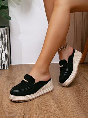 Women's Transparent Comfortable Sports Shoes With Ankle Strap, Low Vamp Wedge Heel, Thick Sole, Hemp Rope Platform, Fashion Increased Height Outdoor Casual Holiday Black Sandals