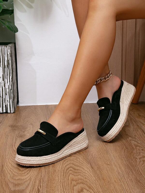 Sandalias negras casuales de vacaciones al aire libre con aumento de altura, suela gruesa, plataforma de cuerda de cáñamo, tacón de cuña de bajo empeine y correa de tobillo, zapatos deportivos transparentes y cómodos para mujeres