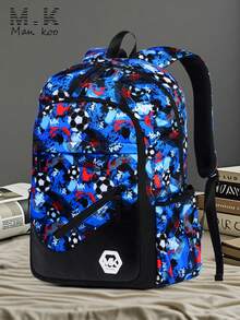 Mochila con estampado de fútbol para hombres, mochila escolar de moda con graffiti y color contrastante, mochila para portátil casual de gran capacidad y acolchada con múltiples bolsillos, adecuada para la universidad, vuelta al colegio, viajes y uso casual