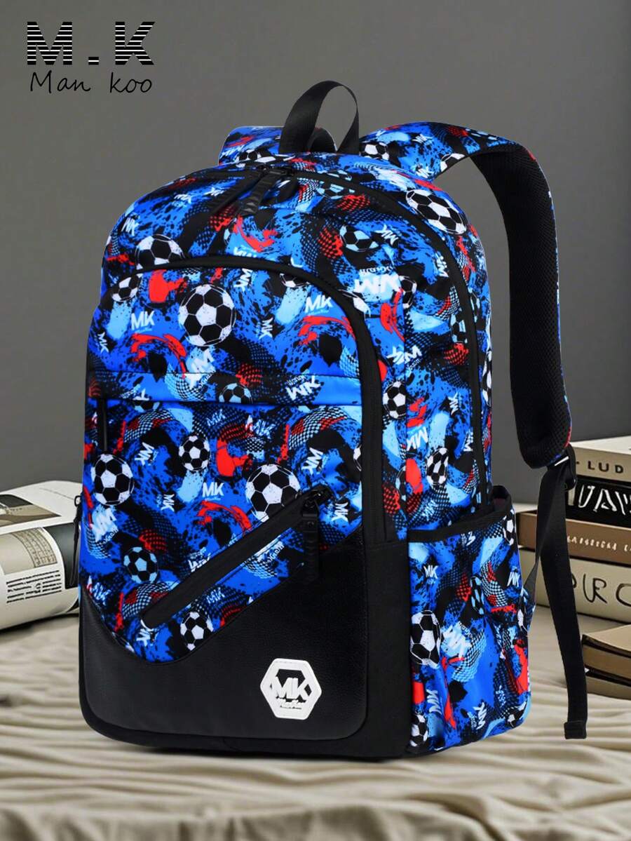 Mochila con estampado de fútbol para hombres, mochila escolar de moda con graffiti y color contrastante, mochila para portátil casual de gran capacidad y acolchada con múltiples bolsillos, adecuada para la universidad, vuelta al colegio, viajes y uso casual