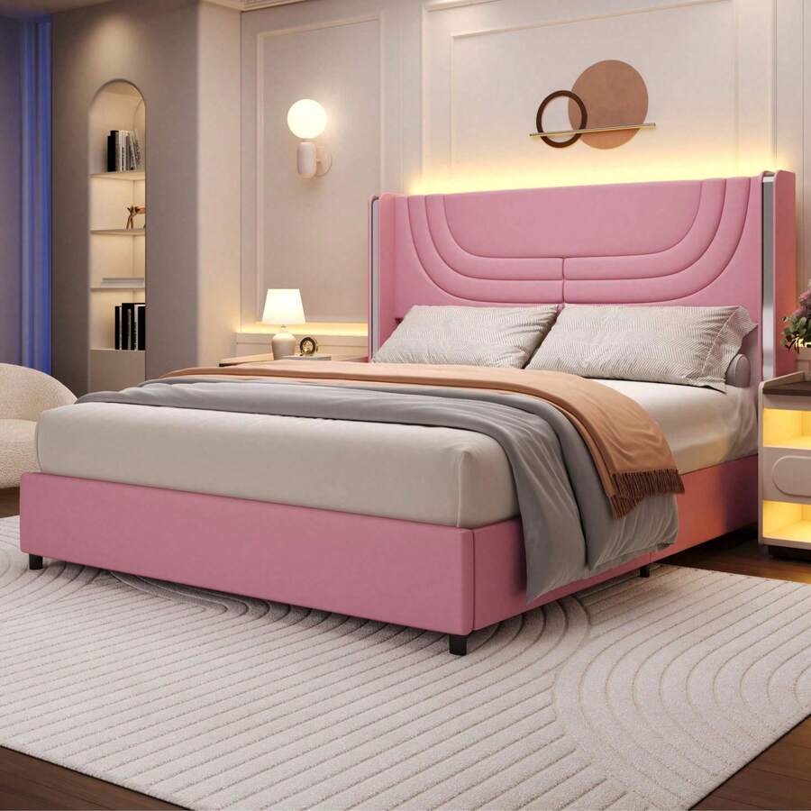 Modern LED Upholstered Bed Frame With Silver Wingback Headboard – Soft PU Leather, Platform Design, Easy Assembly, Twin Bed Frame / Full Bed Frame/ Queen Bed Frame / Twin /Full / Queen Size Bed Frame, Black/Pink/Beige (USB LED Strip) - 淺粉色 - 查看 1