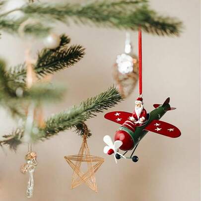 Christmas Ornaments Hanging Christmas Tree Ornaments Airplane Resin Metal Red Ornaments Santa Claus Desktop Home Decor Christmas Village Retro Christmas Decorations Indoor Outdoor Winter Room Decor