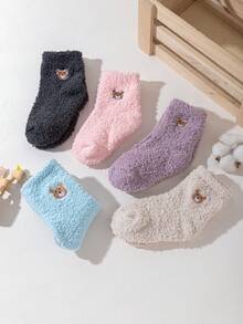 1 Pair Kids Cute Cartoon Bear Embroidered Warm Slipper Socks, Essential For Autumn/Winter - Pink - View 3