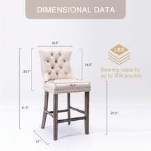 Virabit Velvet Counter Height Bar Stools Set Of 2, 27" Padded Bar Stool With Button And Nailhead Decoration, Bar Stool With Back And Wooden Legs(Beige)