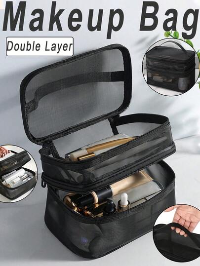 1 pezzo Borsa da trucco da viaggio a doppio strato, borsa portaoggetti multifunzionale con rete, borsa portacosmetici di grande capacità, accessori da viaggio, borsa cosmetici portatile, borsa da trucco da donna portatile, necessità da viaggio