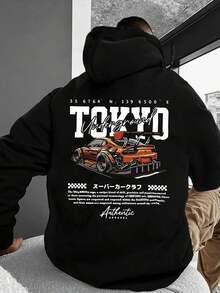 时尚男士地下赛车改装车图案印花连帽衫 - 黑色 - 查看 3