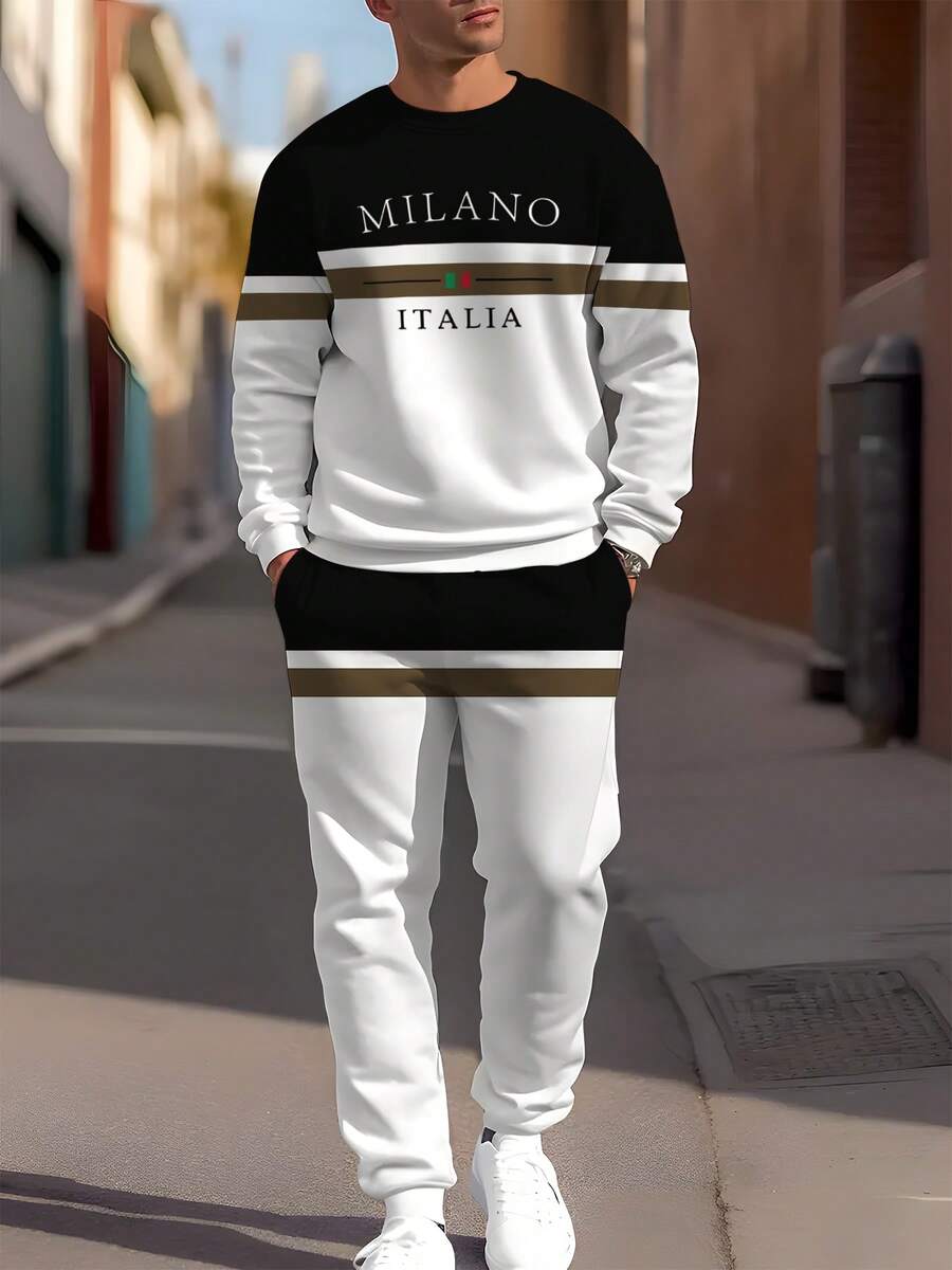 Set de 2 piezas de chándal casual para hombre con estampado de rayas y cuello redondo, conjunto de sudadera y pantalones con estampado de la letra "MILANO" de poliéster, para primavera/otoño