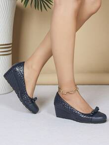 Women's Fashion Wedge Heel Soft Comfortable Pointed Toe High Heels - Navy Blue - View 4