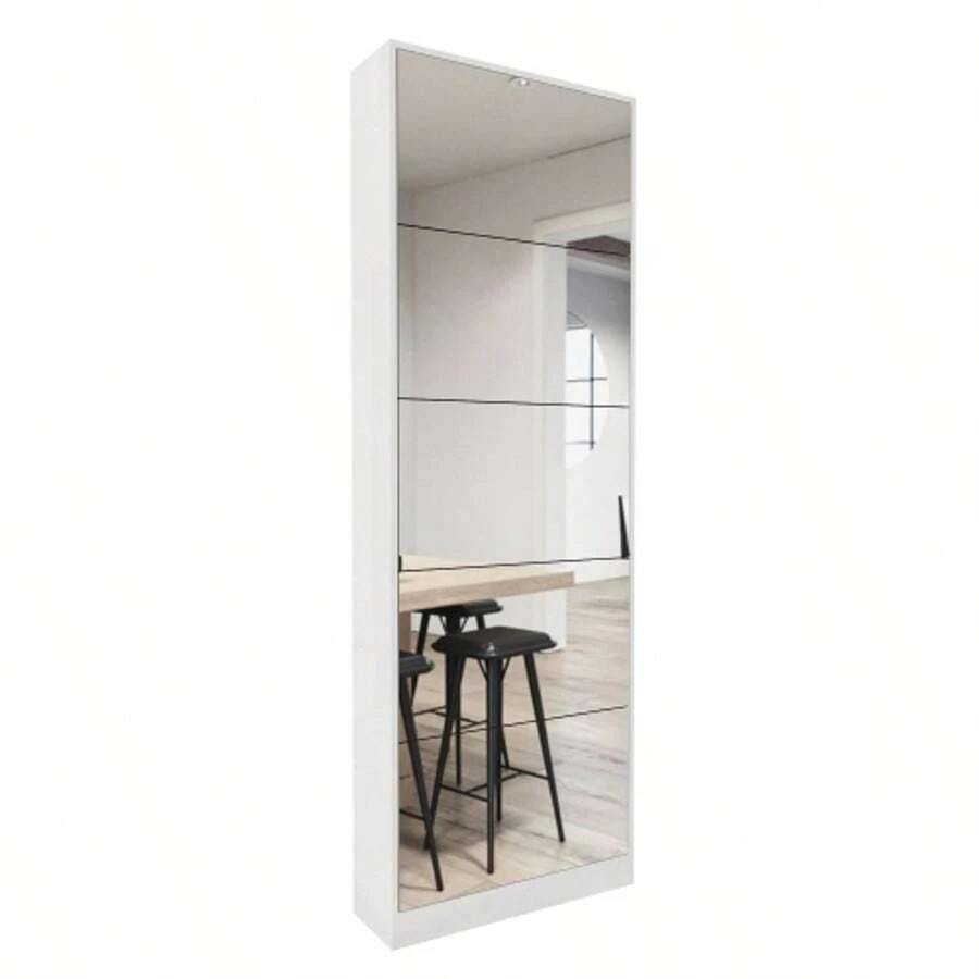 Modern Shoe Storage Organizer Cabinet With Full Length Mirror, Wood Shoe Rack With 5 Flip Drawer For Entryway, White - 白色 - 查看 1