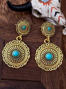 MONLOTTI 复古西部牛仔风格图腾雕刻几何图案仿古金耳环，女士款，高品质波西米亚绿松石首饰，夏季女士首饰，适合日常佩戴、节日聚会和派对等各种场合，近期采购订单 - 古金色 - 查看 3