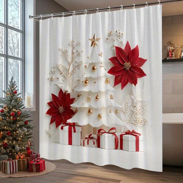 1Pc Red Poinsettia & Golden Christmas Tree Shower Curtain With 12 Hooks - Fabrics Thick, Non-Transparent, And Provides Privacy, White Background Holiday Bathroom Decor, Very Suitable For Room Partition Curtains, Bathroom Dry And Wet Separation Curtains, Elegant Festive Bath Curtain For Christmas Decorations
