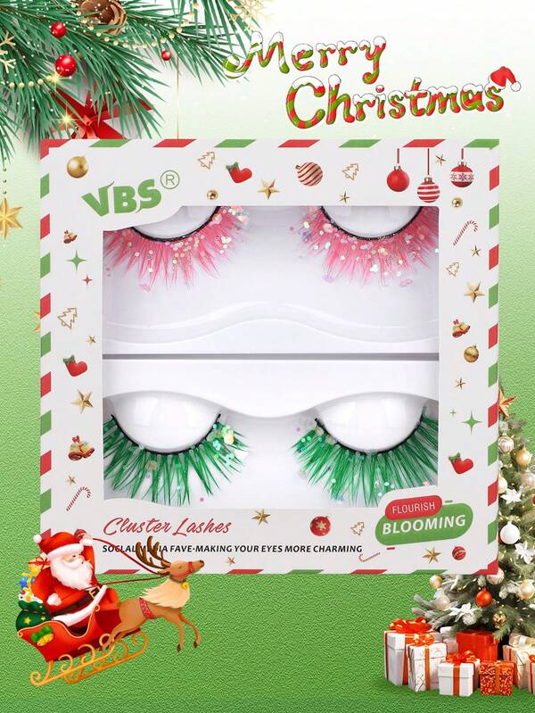 زوج واحد/اثنان من رموش مزيفة لامعة، رموش ملونة بطول 1-1.3 سم، رموش كثيفة وطبيعية منحنية، ناعمة ومريحة، مناسبة لعيد الميلاد والمناسبات الشخصية والمكياج المسرحي وحفلات رأس السنة