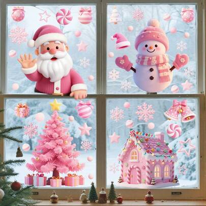 4pcs Pink Christmas Decorative Window Stickers, 2 Designs, Size 7.87*11.81 Inches, Suitable For Party Holiday Scenes Decoration, Storefront Static Cling Art Wall Decor Room Decor Wall Stickers Wall Sticker Home Decor Christmas Decorations Christmas Decoration Christmas Decorations Home