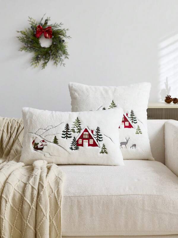 1 capa de almofada bordada com Papai Noel vermelho e árvore de Natal, adequada para decoração de interiores, capa de almofada decorativa de Natal, enchimento de almofada não incluído