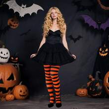 2 Pairs Women's Nylon Striped Tights Striped Tights Women Women's Stocking Hosiery - Orange and Black - 查看 5