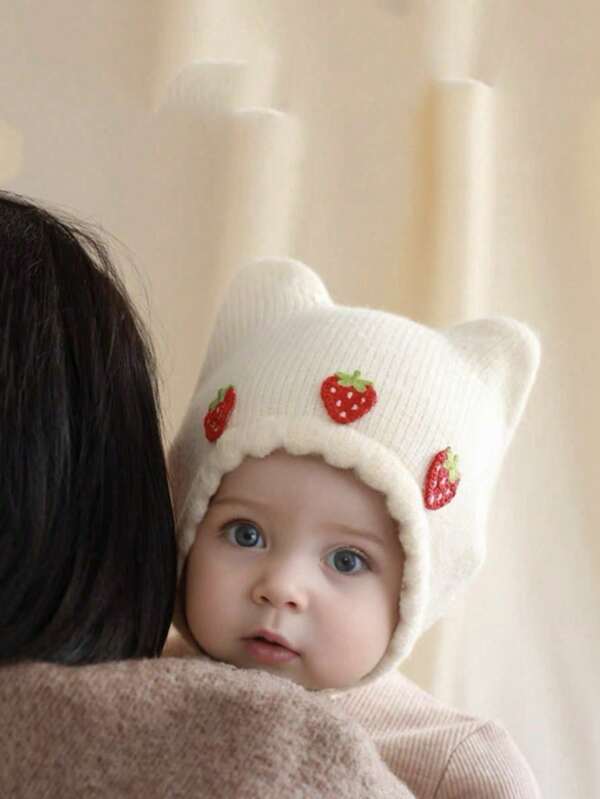 1pc Strawberry Knitted Ear Ion Hat For Toddlers, Infant Beanie, Warm Knitted Hat