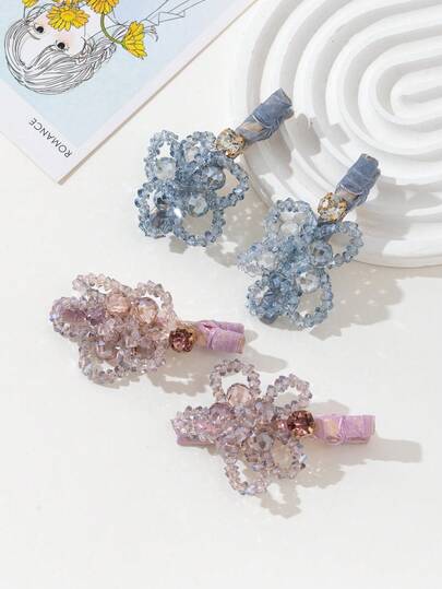 2pcs/Set Elegant Crystal Beaded Floral Tassel Hair Clips, Decorative Hair Accessories Suitable For Daily Wear, Festivals, Dates, Gifts