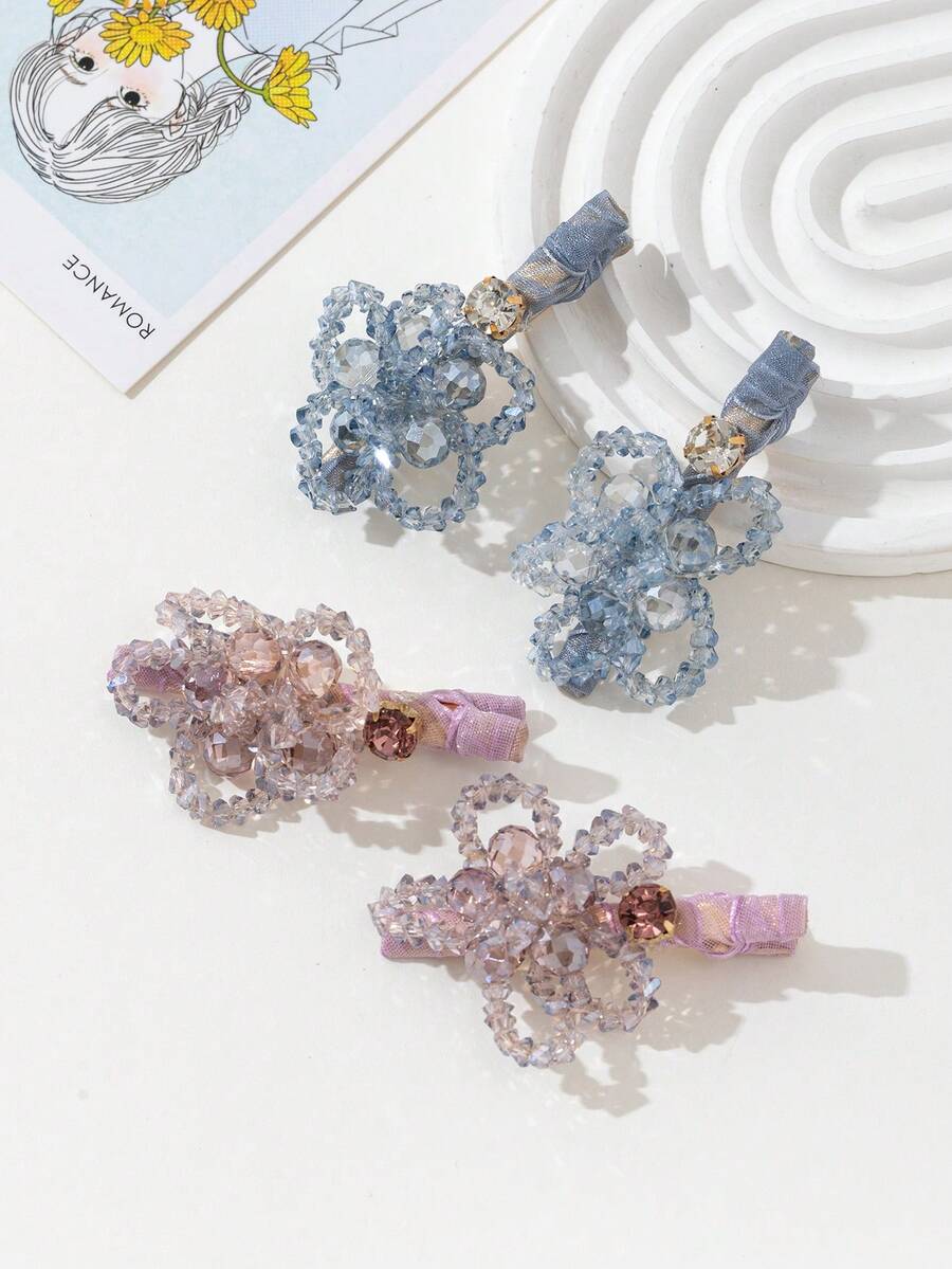 2pcs/Set Elegant Crystal Beaded Floral Tassel Hair Clips, Decorative Hair Accessories Suitable For Daily Wear, Festivals, Dates, Gifts