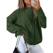 2025  Women's Oversized Cable Knit Crewneck Sweaters - 軍綠色 - View 1