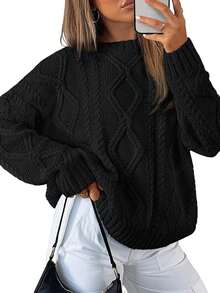 2025  Women's Oversized Cable Knit Crewneck Sweaters - Azure Blue - View 6