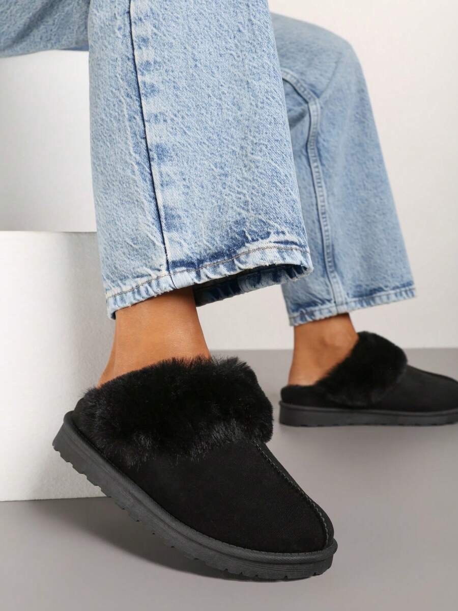 Faux Suede Slip-On Slippers With Fur - Black - View 1