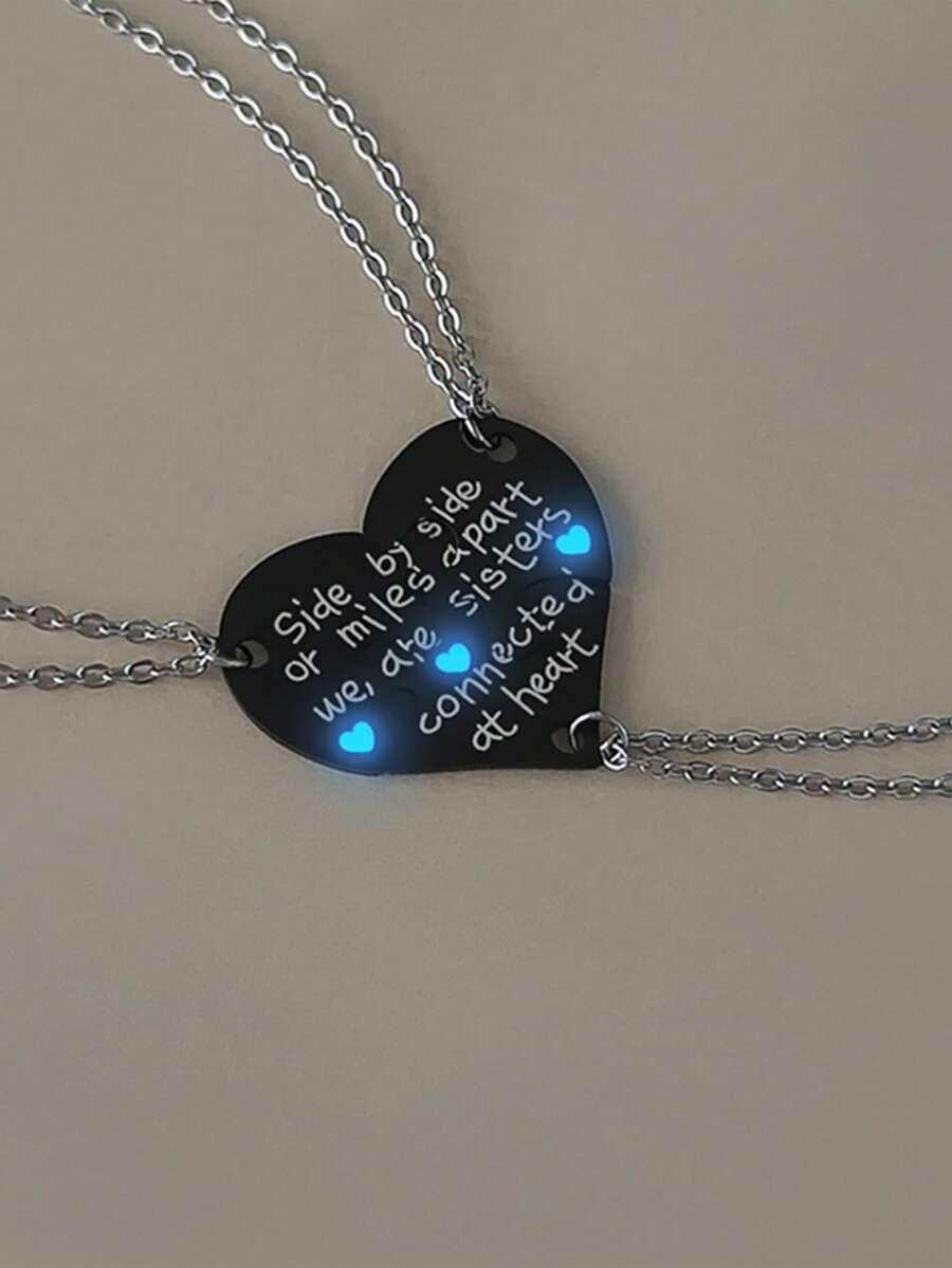 ATLVXJL 3pcs/Set Glow-In-The-Dark Sisterly Heart Pendant Necklace Set, Stainless Steel Interlocking Necklaces, Casual Wear Or Valentine's Day Gift - Multicolor - View 1
