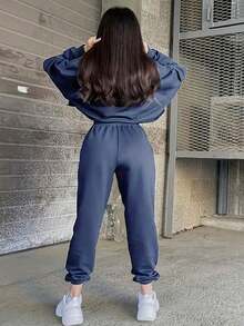 New European And American Style Los Angeles Letter Print Dark Blue Sweatshirt And Sweatpants Set For Women, Autumn And Winter With Fleece, Loose And Casual Two Pieces Sportswear. The Style Leans Towards Street Casual And American Campus Fashion, Combining Comfort And Fashion. A Must-Have Item For Valentine's Day, Suitable For Dates And Parties. - Navy Blue - View 3