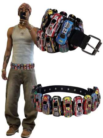 1pc Handmade Color Block Mini Race Car Shaped Belt For Men, Retro Y2K Punk Style For Street & Photo Shooting Summer, School Casual, Business, Boyfriend Husband Father Dad Men Gift, Daily Wear, Fashion, Teen, Outdoor, Vacation, Athletic, Travel, Street, Boho, Vintage Fall, Autumn, Halloween Autumn-Winter Accessories,Suitable For Teens, Youth,Men,Casual, Outdoor, Athletic, Vacation, Graduation Gifts, Birthday, Daily Wear