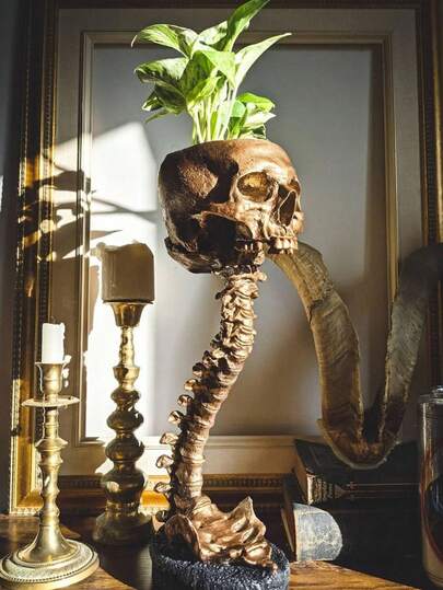 Złote i czarne doniczki z podstawkami z grzbietem, doniczki z żywicy w kształcie czaszki, wystrój domu w stylu gotyckim, dekoracja w stylu czaszki grozy, misa na cukierki, ozdoby, odpowiednie do dekoracji domu, dekoracji ogrodu, prezentów świątecznych