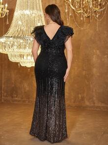 大码深V领荷叶边渐变色闪光短袖派对礼服，婚礼宾客礼服，正式礼服，晚礼服，新娘礼服，生日女士服装，毕业礼服 - 黑色 - 查看 2