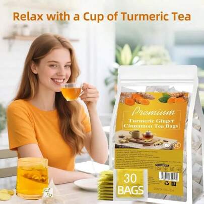 Turmeric, Ginger, And Cinnamon Tea, 30 Bags, No Additives, Turmeric, Ginger, Cinnamon, Square Bags, Easy To Brew, Easter, Warm And Comfortable, Caffeine-Free, Ceylon Cinnamon, Black Pepper Or Lemon Can Be Added For A Better Taste, Halloween Gift, Halloween Drink, Halloween Health Tea