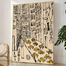 Poster-Vintage-Inspired Yellow Car New York Cityscape Canvas Art Print - Modern Unframed Wall Decor With Black Ink Drawing, Wrapped Canvas Frame, Wood Material, Perfect For Living Room, Bedroom, Or - 彩色 - 查看 2