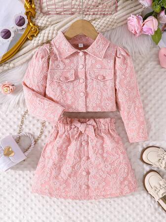 2 Adet/Takım Kız Sonbahar Modası Yaka Hırka Ceket ve Fiyonklu Etek Kıyafeti