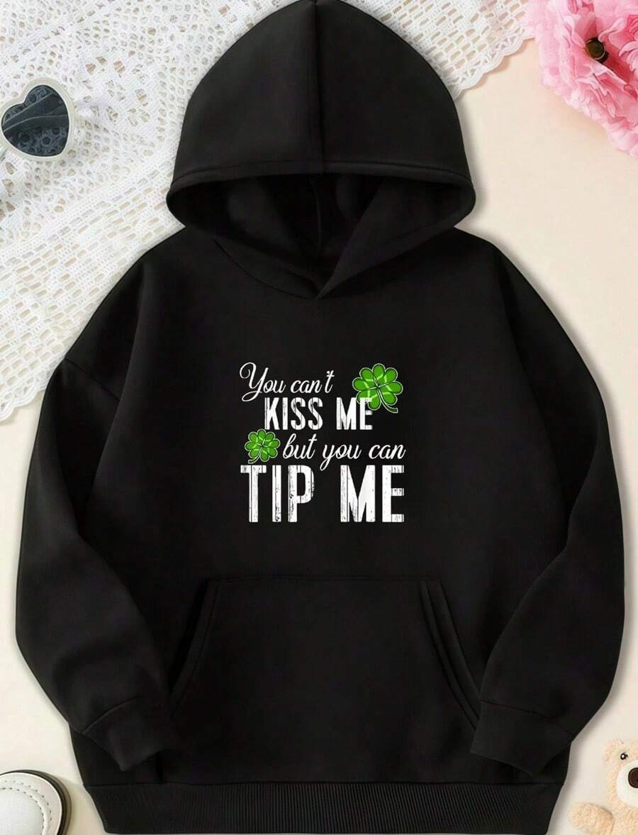 Clover & Text Typographic Design Festive Cotton Hoodie,Fall Hoodies,Men's Fall Clothes,Street Wear,Halloween,Mens Hoodies,Y2k Clothes,Jesus Hoodie,Thanksgiving Day,Nightmare Before Christmas,Christmas - 黑色 - 查看 1